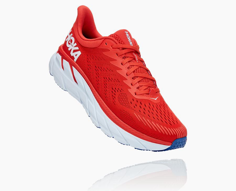 Hoka One One Mens Running Shoes - Clifton 7 - Red/White - IOQX84935